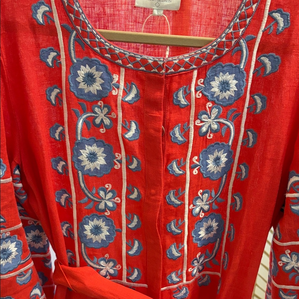 Bohemian Red Embroidered Maxi Dress with Waist Tie - Picture 2 of 5